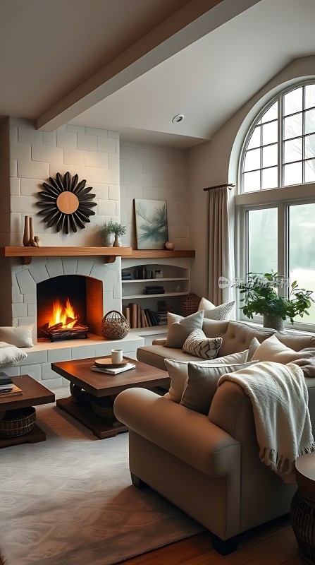 温馨壁炉客厅舒适沙发与自然光