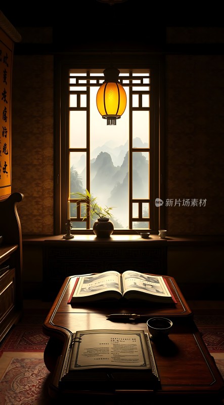 窗前书桌静待思古韵书香伴山色