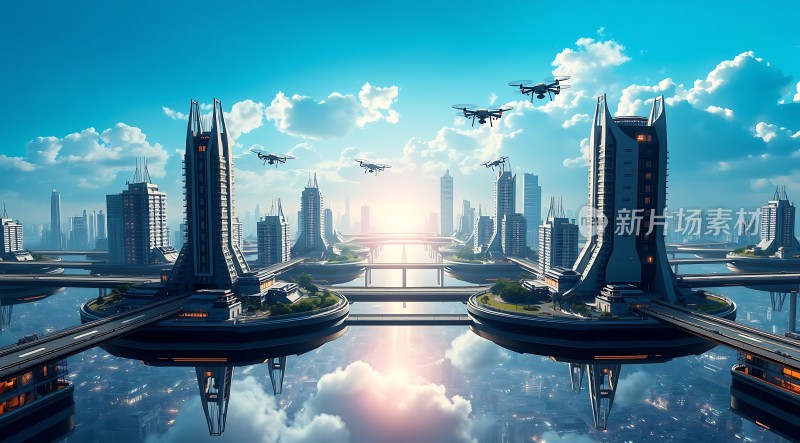 未来之城悬浮建筑与无人机共舞