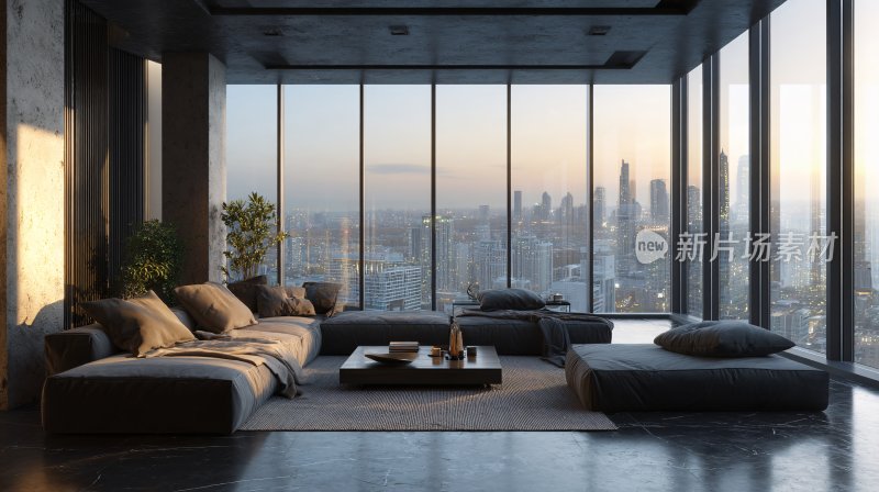 现代落地窗客厅城市景观