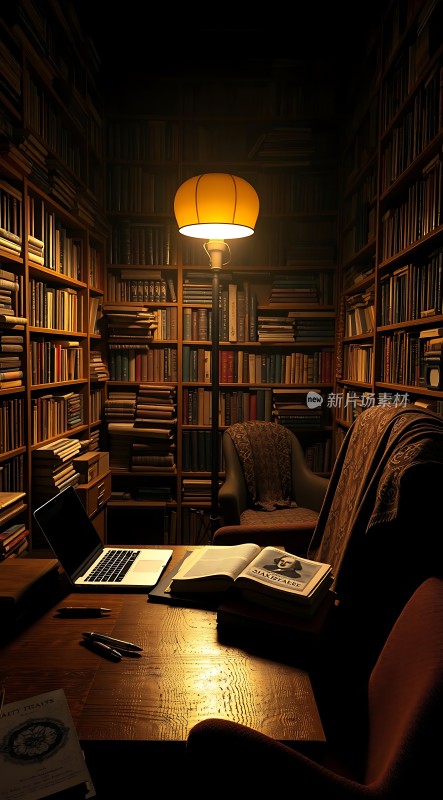 书房一角书架、桌椅与灯光营造温馨氛围