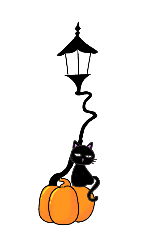 黑猫与南瓜旁的路灯万圣节插画元素