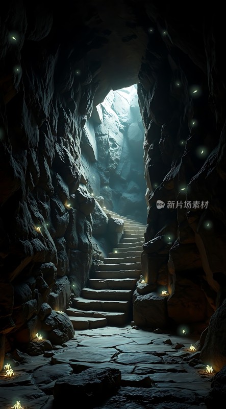 黑暗洞穴中的神秘光芒与阶梯