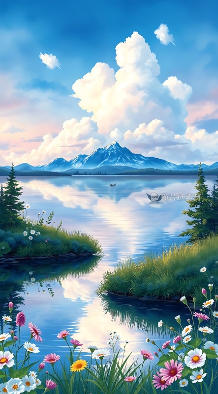 湖畔花语山色云影