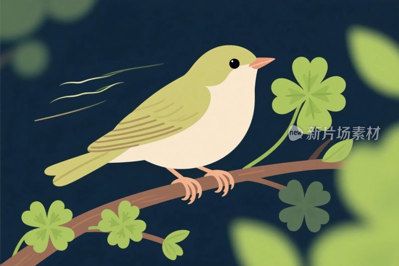 小鸟栖于四叶草插画