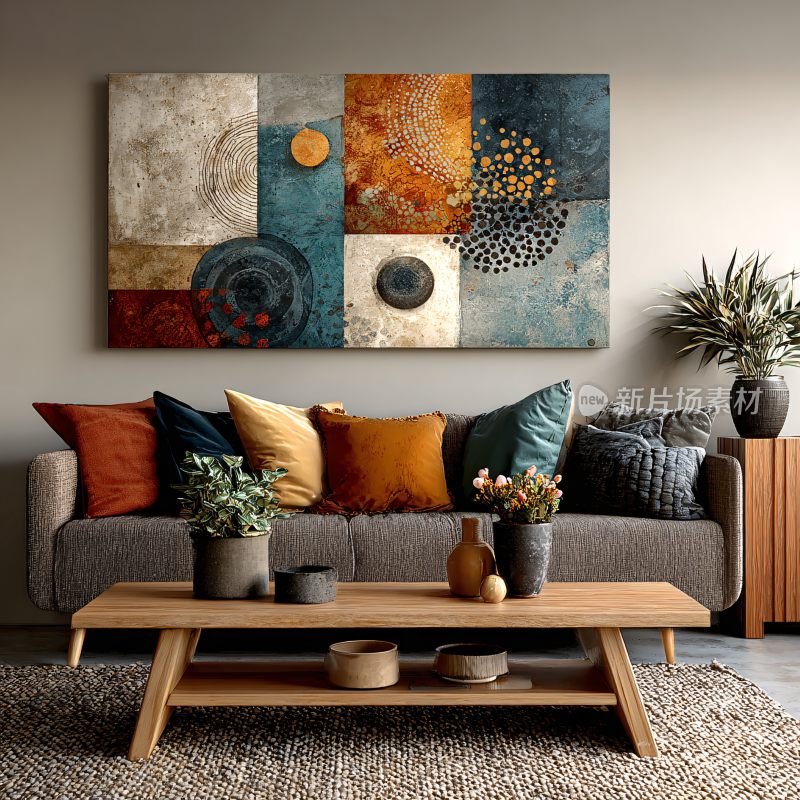 现代客厅装饰画与沙发摆件