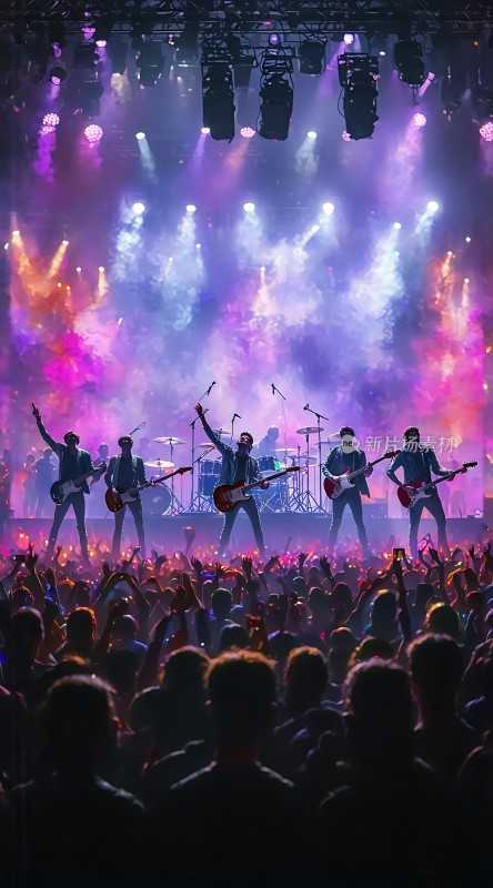 舞台灯光璀璨乐队激情演奏观众热情高涨的音乐会现场
