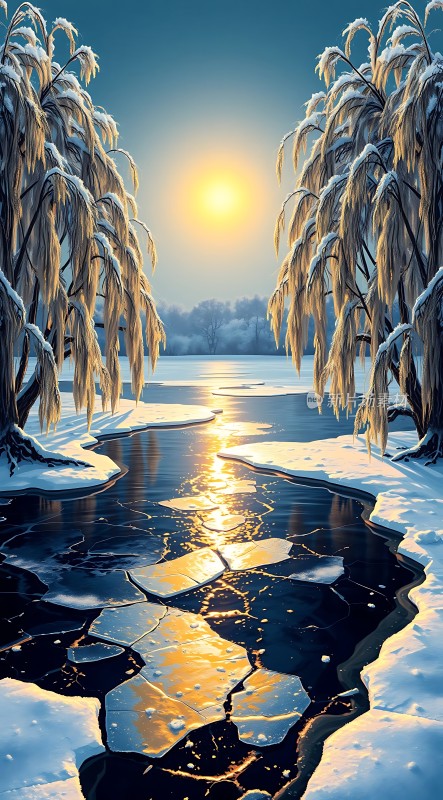 冰封湖畔映日辉
