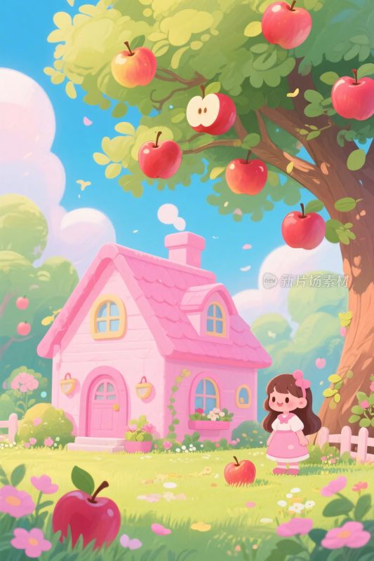 童话粉色小屋与苹果树