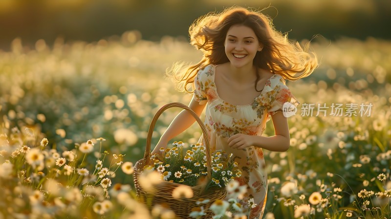 阳光下的花海快乐女孩与野花共舞