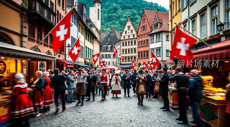 瑞士国旗飘扬传统服饰游行热闹街景