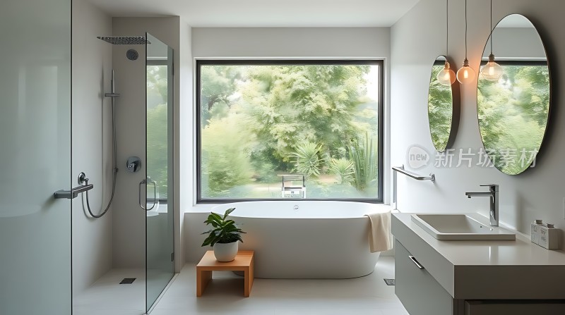 现代浴室设计自然光线充足绿植点缀简约时尚