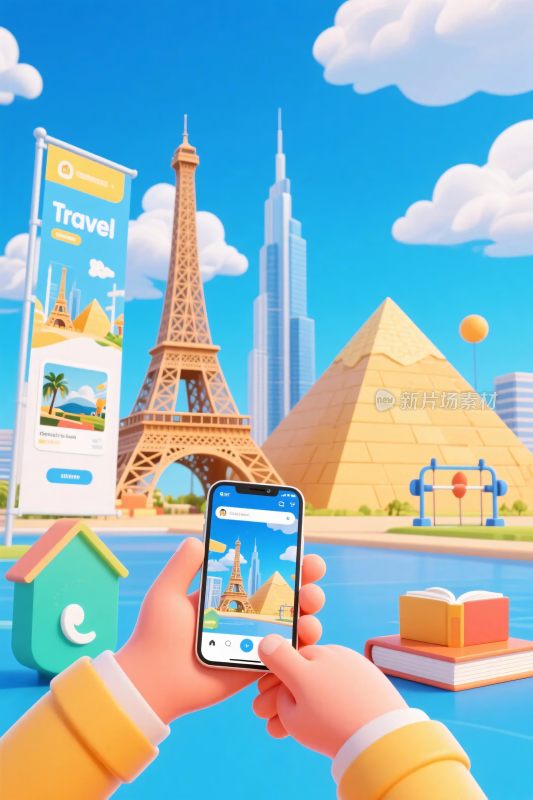 手持手机展现世界景点插画