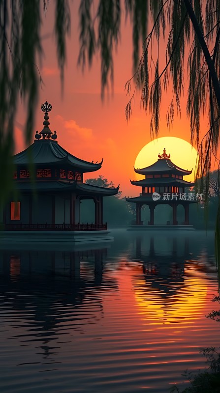 夕阳下的古亭湖畔美景