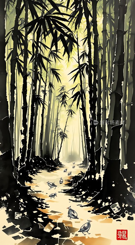 竹影斑驳鸟语花香