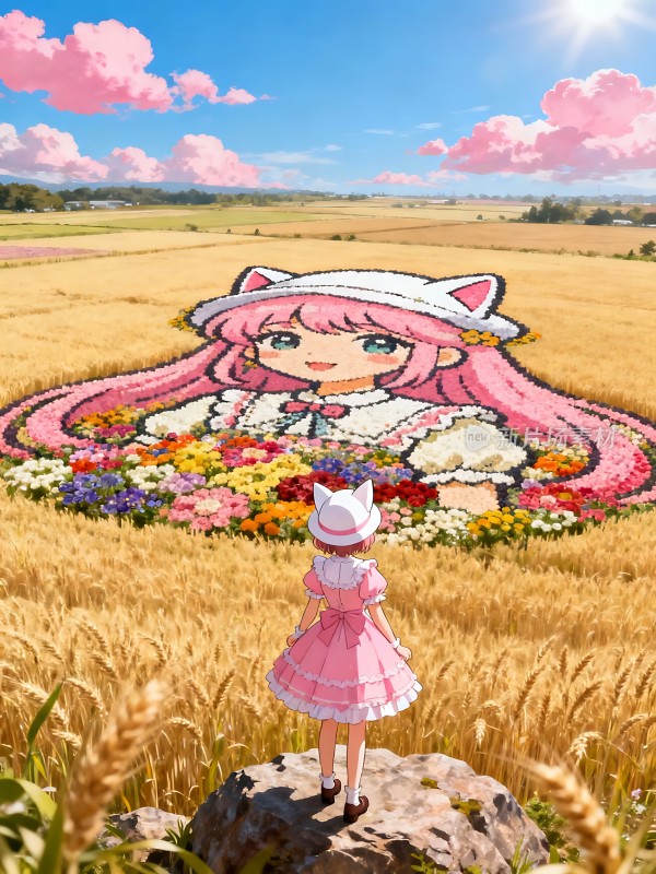 粉色长发女孩与花田