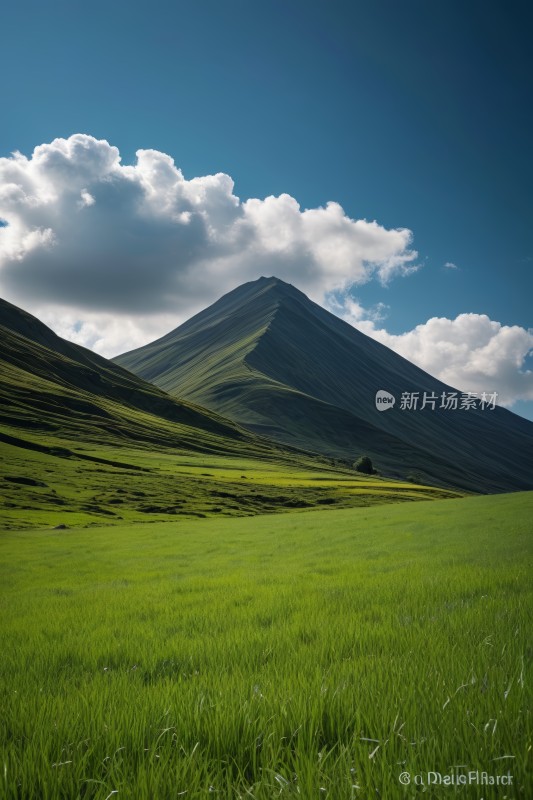 草地一座高山清图片