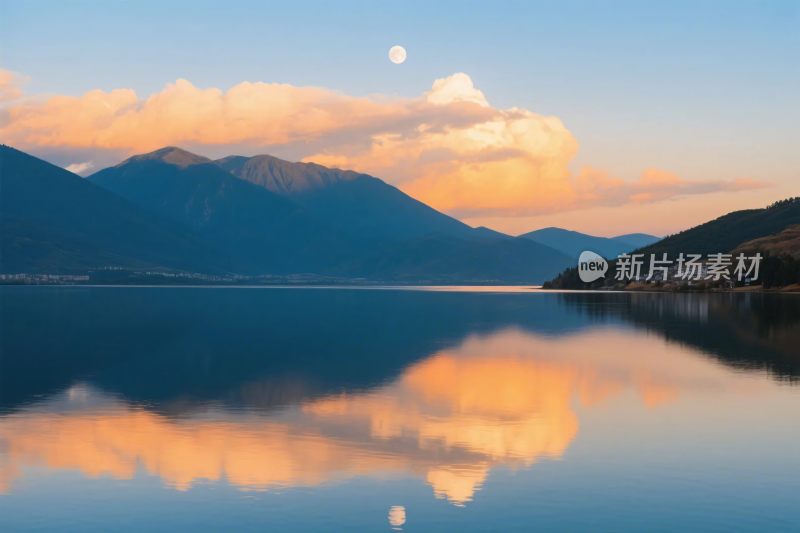 山水湖景夕阳图