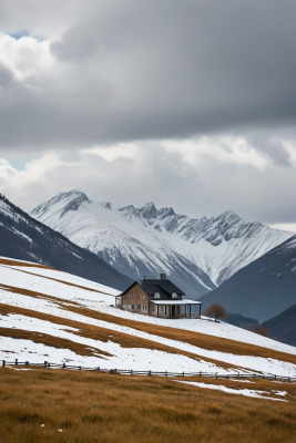 山脉雪山上一座房子高清风景图片