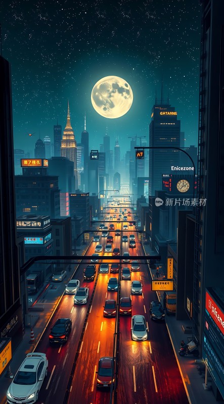 夜幕下的繁华都市车水马龙与星空共舞