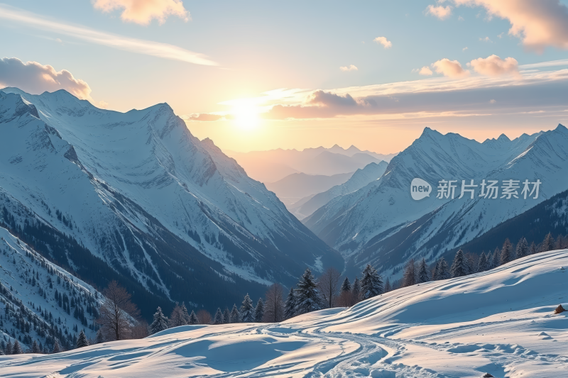 山上积雪夕阳西下高清风景风光图片