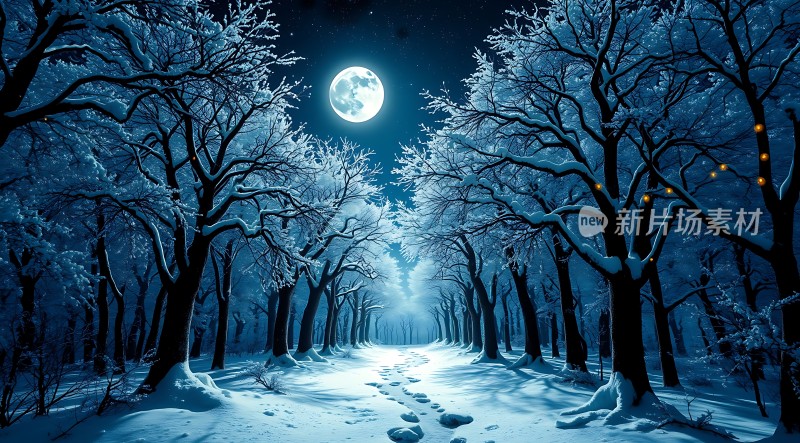 雪夜月下林间小径