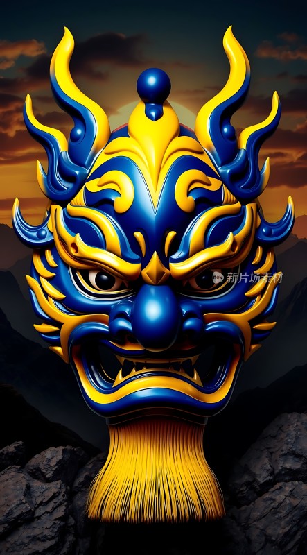 蓝色与黄色面具背景为山川日落