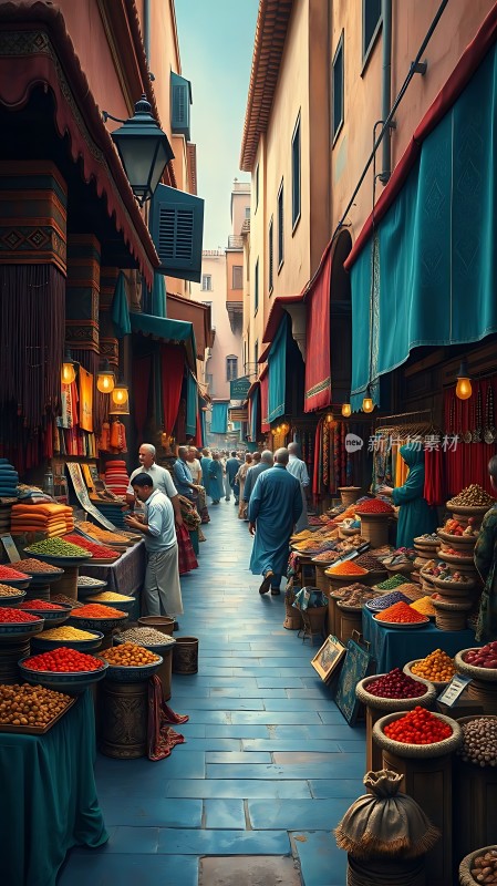 摩洛哥集市色彩斑斓的商品与热闹的人群