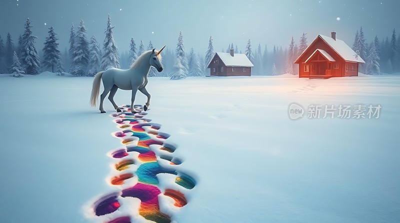 雪地独角兽彩色足迹