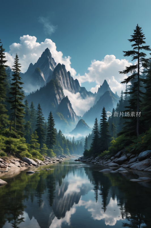 有湖泊和树木山景高清风景插图片