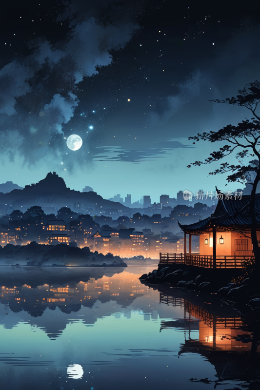 一个湖和一个小房子的夜景高清插画图片