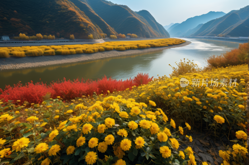 黄花沿着河岸绽放高清风景图片