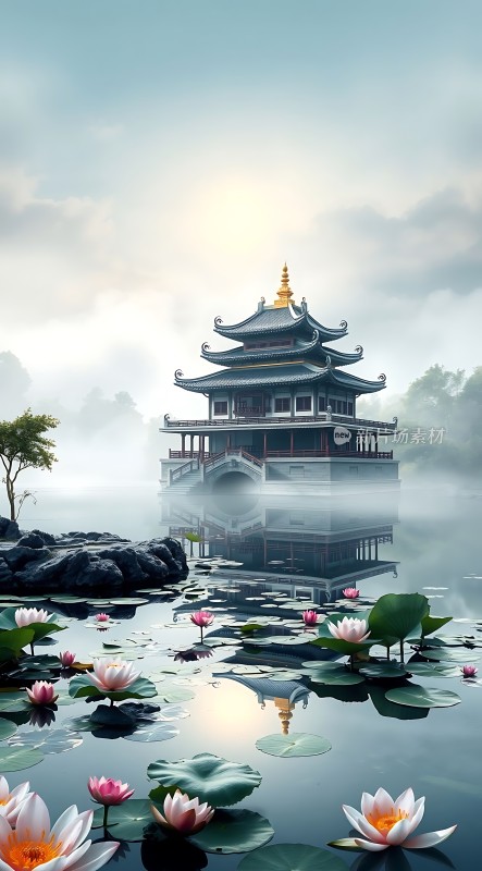 湖畔楼阁映荷花