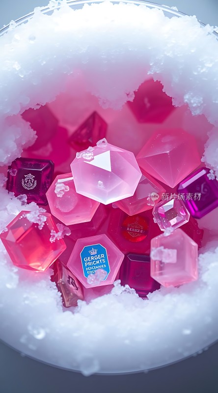 晶莹剔透的彩色宝石在冰雪中闪耀