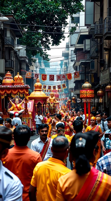 印度街头节日庆典色彩斑斓的游行队伍