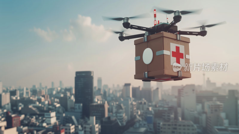 现代城市上空，一架无人机携带一个医药箱