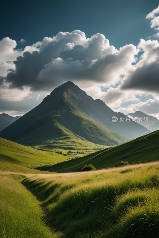 一片草地一座高山清风景摄影图片