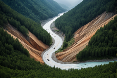 一条河流流经一个被树木包围山谷风景图片