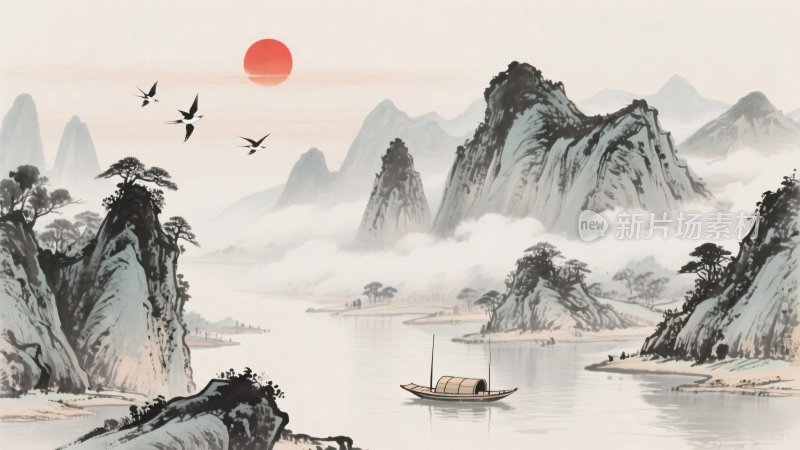 中式山水日出图景