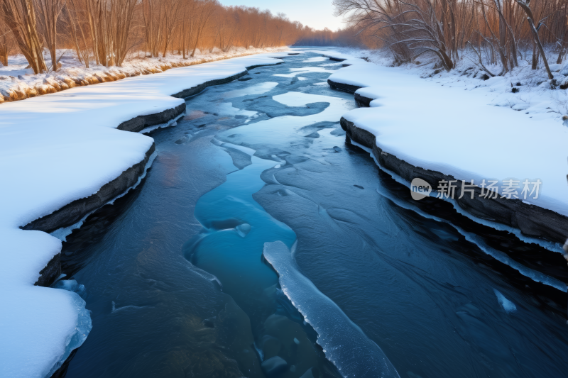 河边有冰雪树木高清风景图片