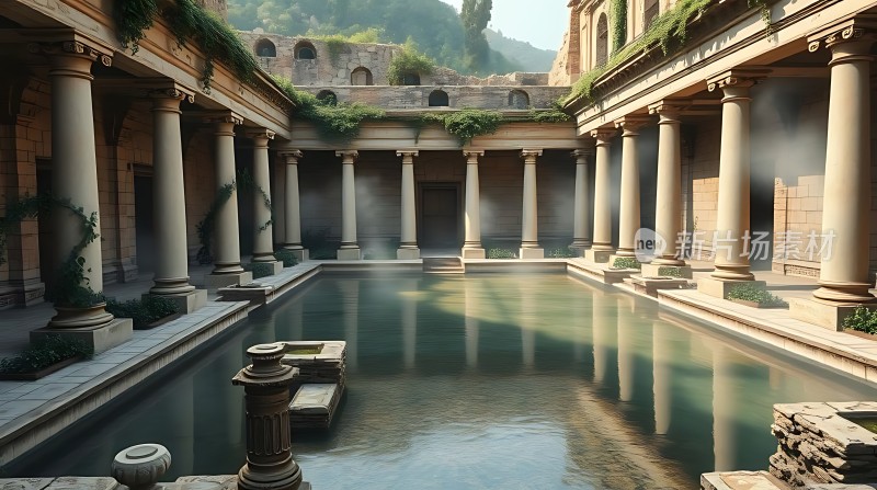 古罗马遗迹柱廊与水池