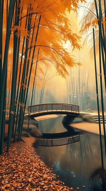 秋日竹影映小桥