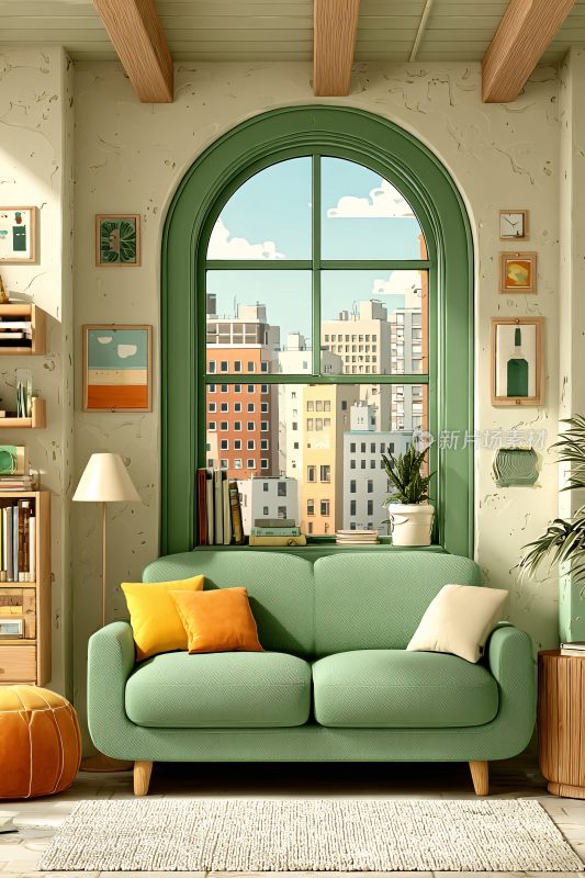 室内绿色沙发窗边温馨场景
