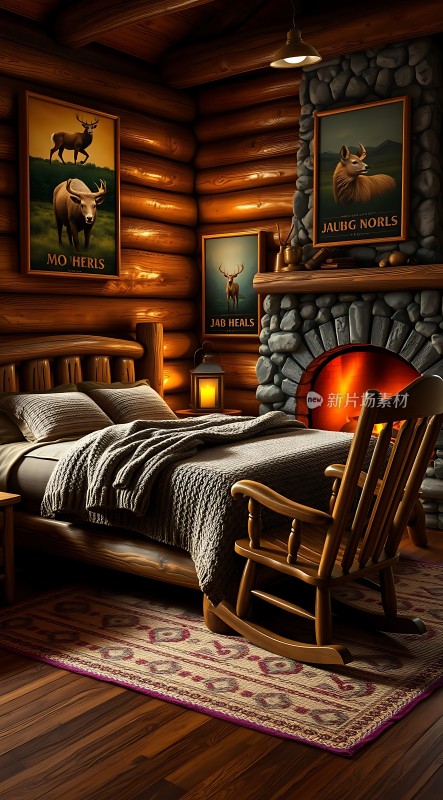 温馨木屋卧室舒适床铺与壁炉营造宁静氛围