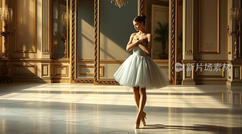 芭蕾舞者优雅旋转阳光洒落金色大厅