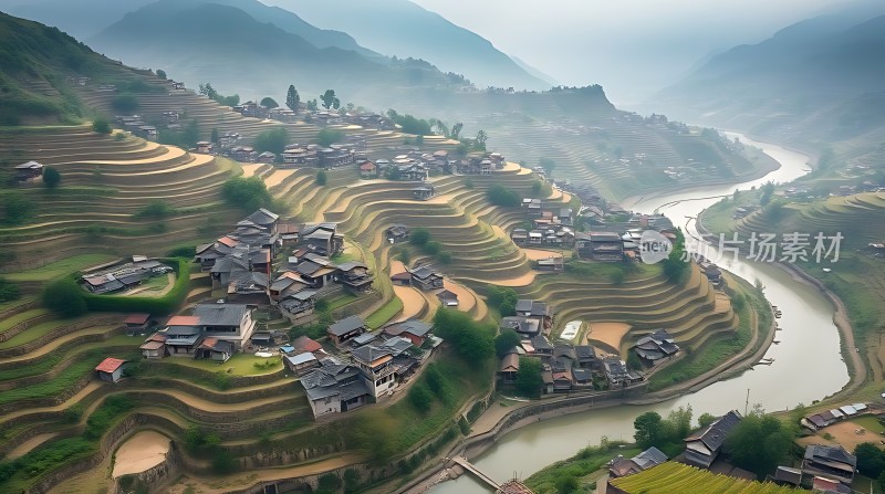 梯田人家山水画卷