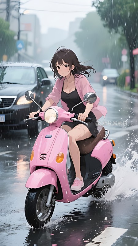 雨中粉色摩托少女