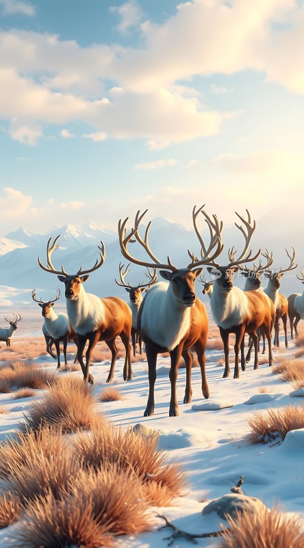 雪原上的麋鹿群