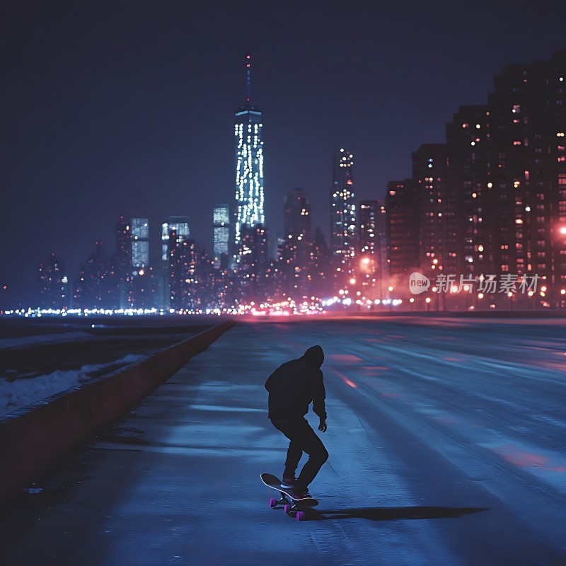 夜幕下的滑板者与城市灯火