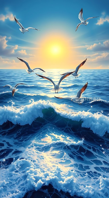 海鸥翱翔日落时分的海洋